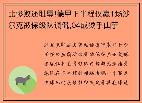 比惨败还耻辱!德甲下半程仅赢1场沙尔克被保级队调侃,04成烫手山芋