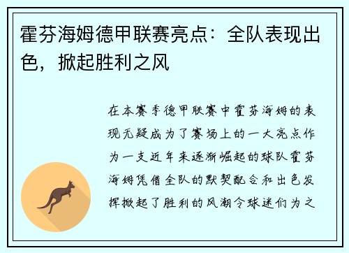 霍芬海姆德甲联赛亮点：全队表现出色，掀起胜利之风