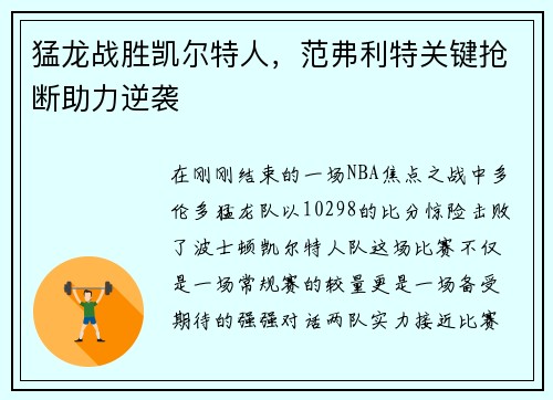 猛龙战胜凯尔特人，范弗利特关键抢断助力逆袭